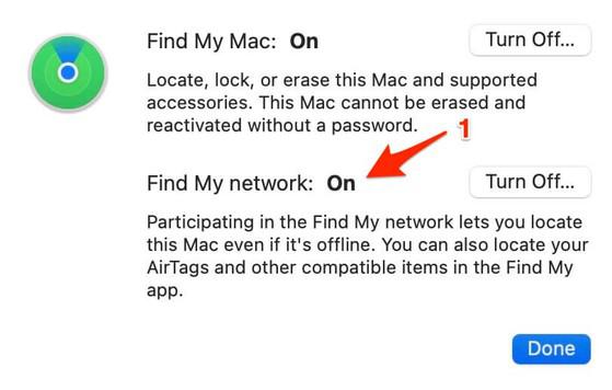 Bật tính năng Find My network trên MacBook.